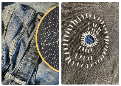 Sashiko-inspired visible mending with white stitching on blue fabric
